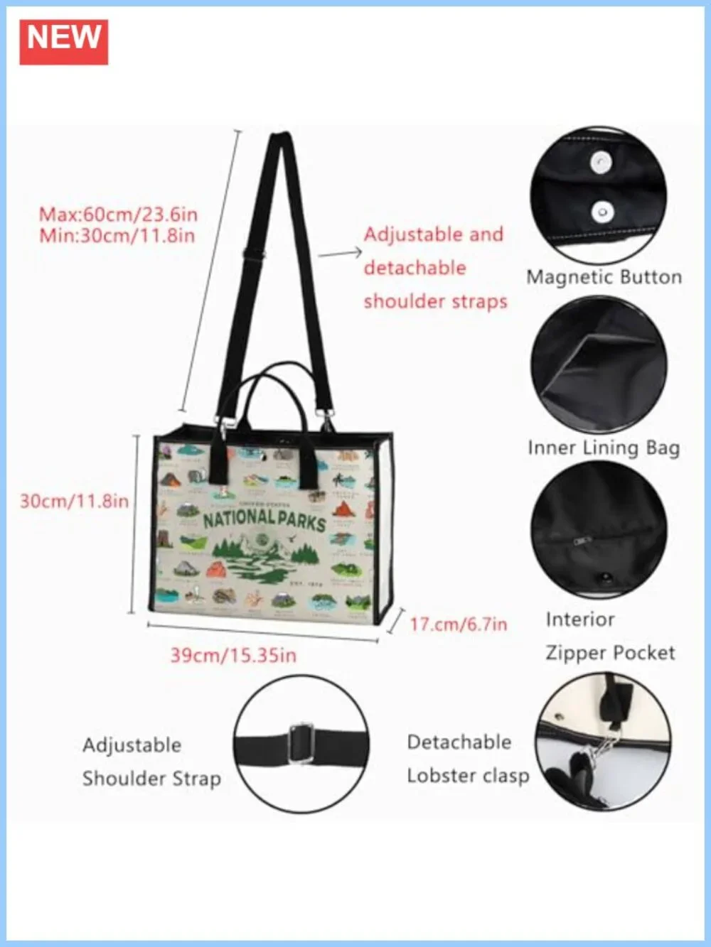 National Parks Checklist Tote Bag Cotton Canvas Traveler Hiking Shoulder Bag